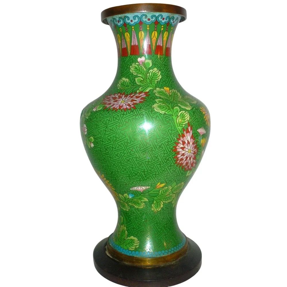 Vintage Green Cloisonne Enamel Floral‎ Vase Brass Wirework with Wood Base 16in